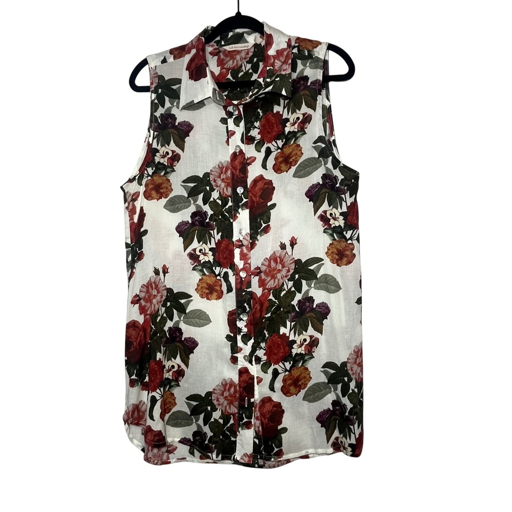 Soft Surroundings Floral Sleeveless Button Down Blouse‎ Rayon White Red Size L
